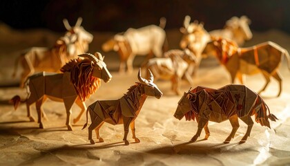 Obraz premium Intricate Origami Animal Sculptures in a Safari Setting