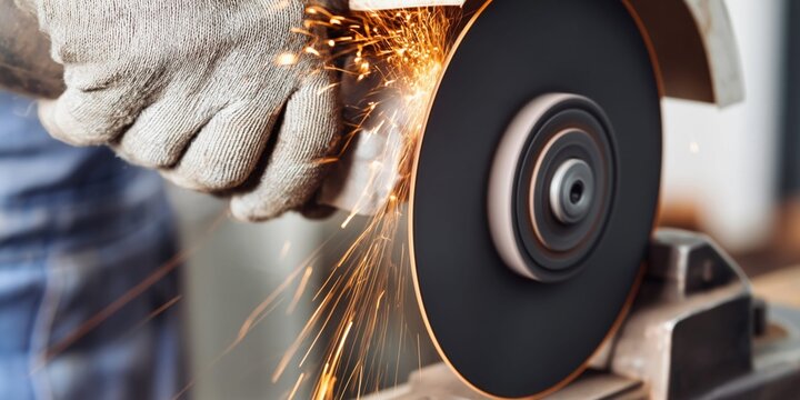 Close-up of a gloved hand operating an abrasive wheel, creating sparks