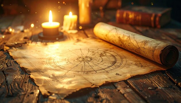 Ancient celestial map rendered on a weathered scroll bathed in warm candlelight, inviting exploration and discovery.