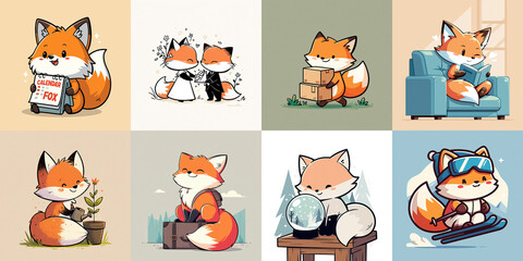 Naklejka premium Cute fox cartoon character mascot reading book on sofa, playful fox with box, gardening fox, winter fox with ski goggles joyful mood