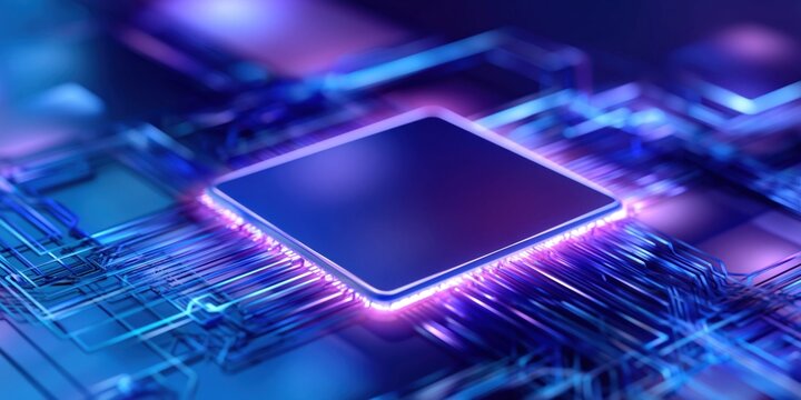 Close-up of a glowing semiconductor chip with intricate circuitry and neon lights