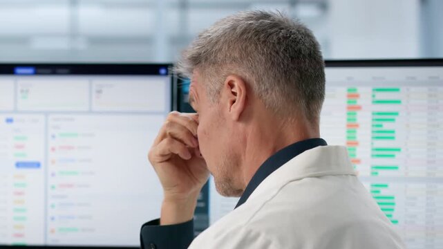 Hospital Administrator Looks Stressed While Reviewing Spreadsheets