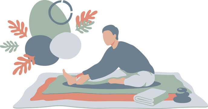 Person performing a seated hamstring stretch on a yoga mat during a morning workout session.