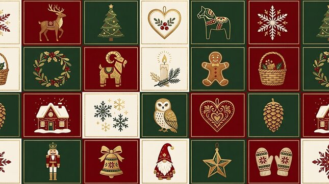 Festive holiday folk art grid pattern with traditional ornaments