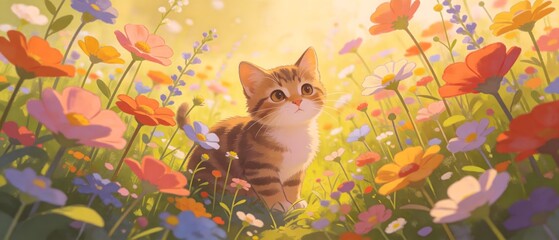 Kitten in flower field