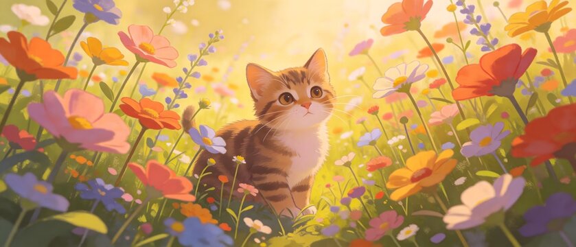 Kitten in flower field