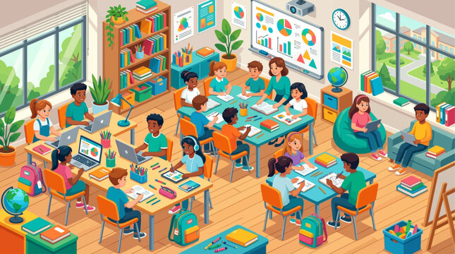Children learning together in bright colorful classroom with educational posters and plants