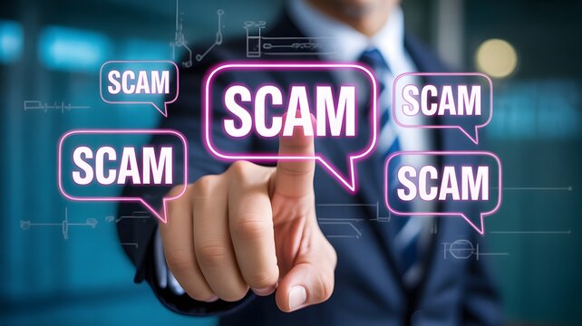 Man in Suit Pointing at Scam Technology Warning Signs Floating Cyber Fraud Concept