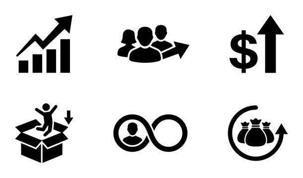 6 Finance icons, business growth, people, money, delivery, infinity, investment, outline solid styles, UI and web interface design