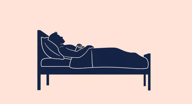 Minimalist vector silhouette illustration of a man lying peacefully on a bed with a pillow and blanket, sleeping in a relaxed horizontal position against a plain background.