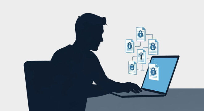 Side view silhouette of a man sitting at a desk using a laptop computer featuring floating digital document icons with padlock symbols representing data security and file encryption.