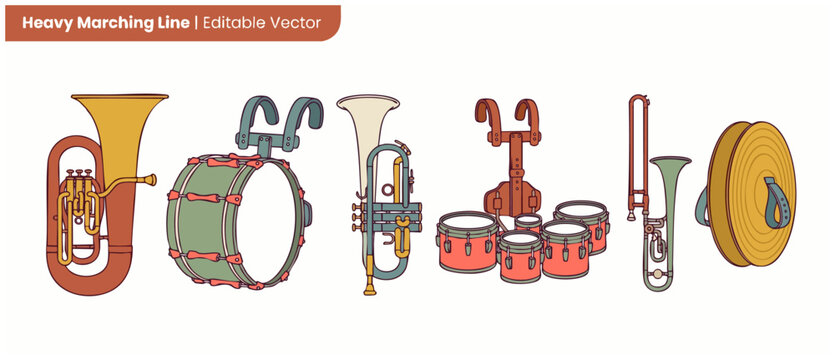 Marching band musical instruments vector set with tuba, bass drum, trumpet, tenor drums, trombone, and cymbals for school parade performance, music education, concert graphic, and festival banner.