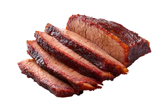 Smoked beef brisket sliced thick with a flavorful bark, tender texture, and rich barbecue aroma, isolated on a light background.