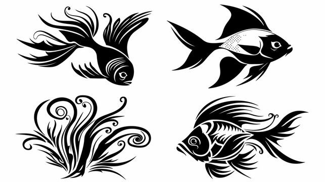 Black ornate vector illustrations of four goldfish and swirling kelp on white background