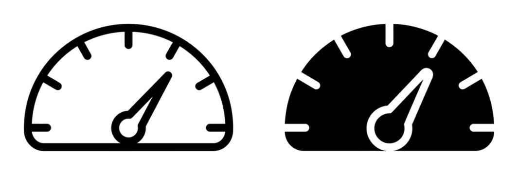 Speedometer gauges, black and white icons, vector dials, speed meter symbols