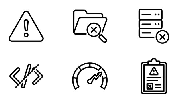 Error, warning, and coding icons set, 6 symbols, line style, black and white
