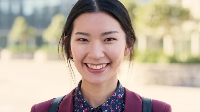 Happy, outdoor and face of businesswoman in city with confidence for legal career with growth. Smile, job opportunity and portrait of Asian female attorney with pride for about us in law case in town
