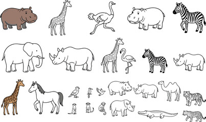 Set of hand drawn african safari animals coloring page vector illustrations isolated on a white background © MdAbdur