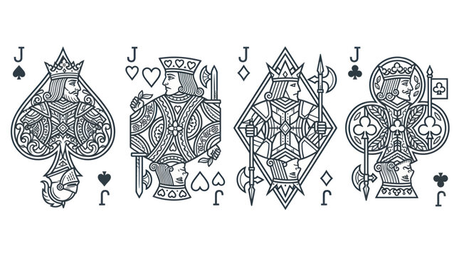 Four Jacks Playing Cards - Spades, Hearts, Diamonds, Clubs - Outline Illustration