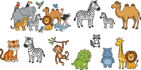 Set of hand drawn african safari animals line art vector illustrations for coloring page isolated on white background © MdAbdur