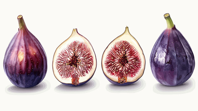 Digital painting showcasing two whole and two halved purple-skinned figs