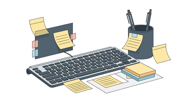 Laptop with sticky notes on keyboard.