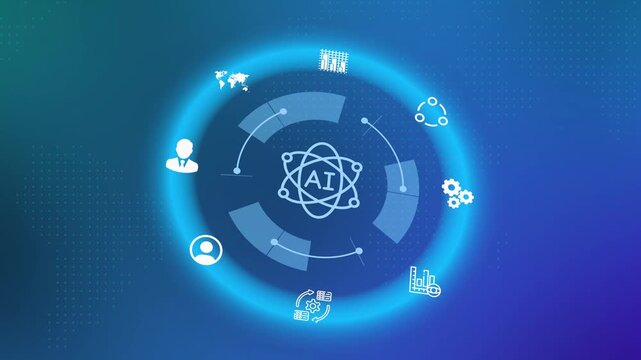 Artificial intelligence concept with glowing blue hi tech futuristic circular interface display and central ai atom icon.