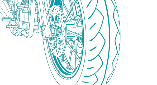 Motorcycle front wheel, tire, and disc brake line art