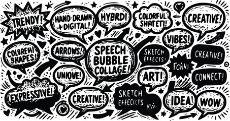Fototapeta premium Creative vector graphic illustration featuring a diverse collection of hand drawn speech bubbles with bold black and white ink textures