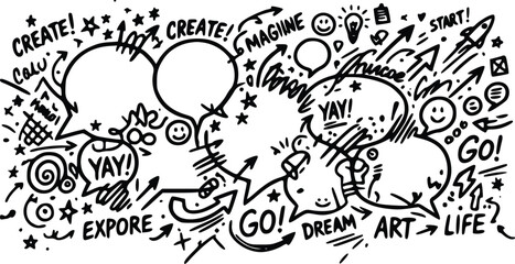 Obraz premium Hand drawn vector illustration featuring diverse speech bubbles with creative doodle elements like arrows stars and inspirational text phrases throughout