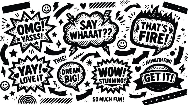 A black and white vector illustration featuring various hand drawn comic speech bubbles with expressive slang and fun doodles