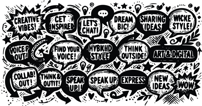 A detailed black and white vector illustration featuring various hand drawn speech bubbles with motivational text and creative graphic elements