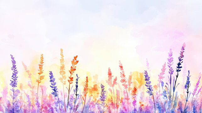 Colorful watercolor painting of wildflowers in field, showcasing vibrant hues and soft background. serene and artistic expression