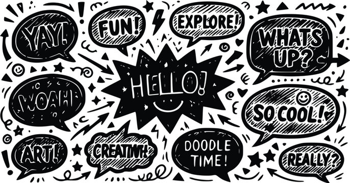 Artistic vector illustration featuring a collection of hand drawn speech bubbles with fun expressions and creative doodles in black ink