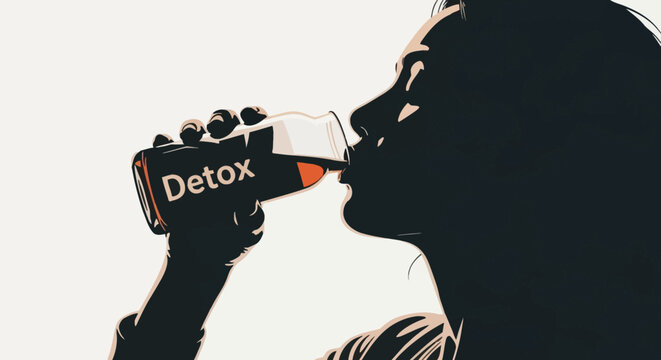 Profile view of a woman's silhouette drinking a dark orange detox juice from a clear glass bottle with 'Detox' text. Minimalist high-contrast vector graphic illustration style.