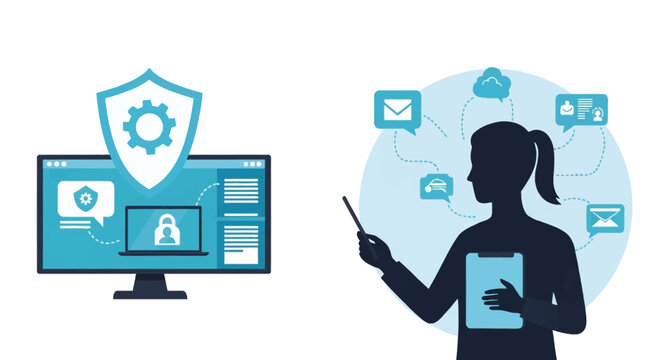 Vector illustration of a female silhouette managing digital security and communications, featuring a computer monitor with shield and gear icons, cloud services, and email symbols.