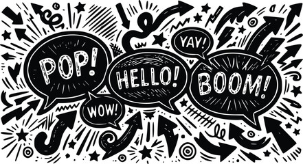 A bold vector illustration featuring hand drawn speech bubbles with expressive text and dynamic arrows in a black white style. © Nimy_