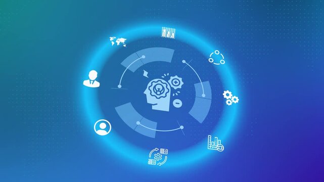 Digital human head profile with gears icon on futuristic blue background for machine learning and artificial intelligence.