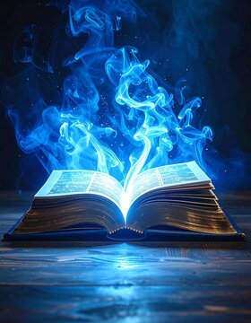 A mystical blue-lit open book with smoke rising