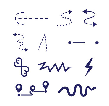 Set of various route path navigation line icons zig zag navigation tracking direction lightning waypoint movement collection silhouette indicator trajectory abstract traveling