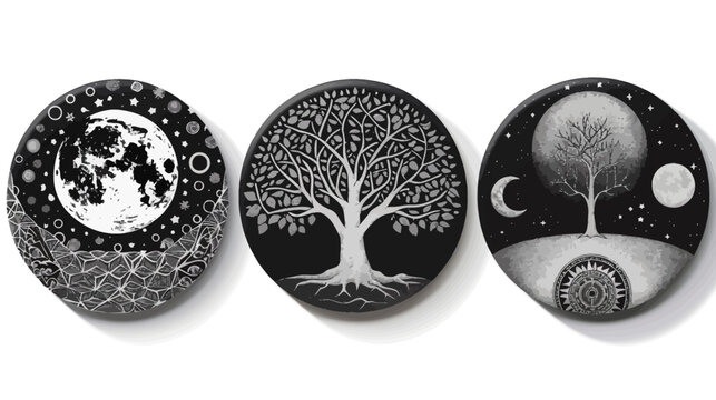 Three black and white round pendants featuring nature and celestial motifs