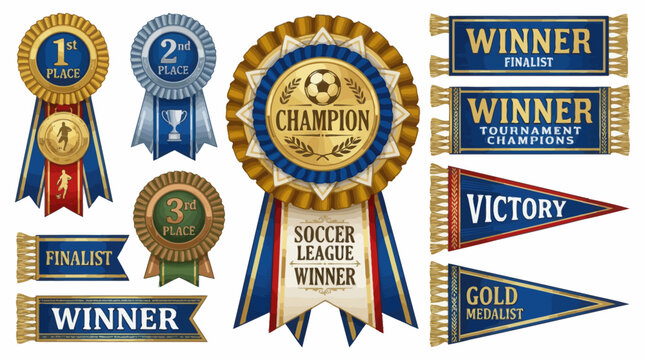 Set of champion rosettes and winner ribbons for sports achievement