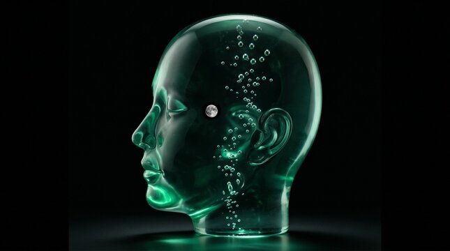 Abstract human profile sculpted from translucent green glass, internal bubbles floating upward