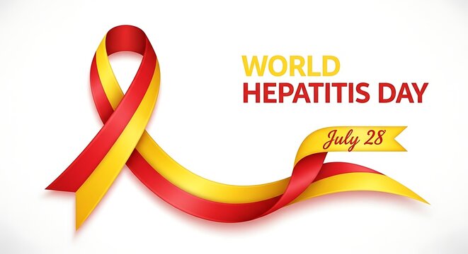 World Hepatitis Day awareness ribbon with golden sparkle on white background for health campaign