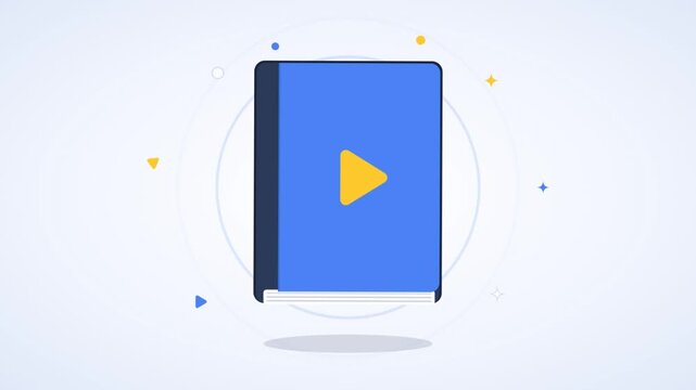 Animated blue book featuring a yellow play icon with light confetti in the background
