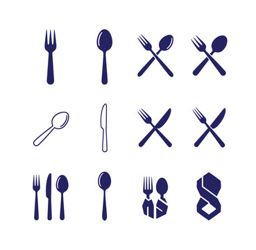 Cutlery icon set featuring forks spoons and knives for food and dining utensils tableware flatware restaurant collection crossover silverware culinary kitchenware breakfast appetite