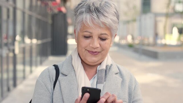 Woman, phone and texting on business trip in city, smile or contact for real estate development. Mature person, happy and realtor with communication, mobile app or web chat for property management