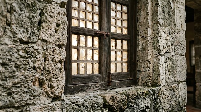 Antique Capiz Shell Window in Rustic Stone Wall
