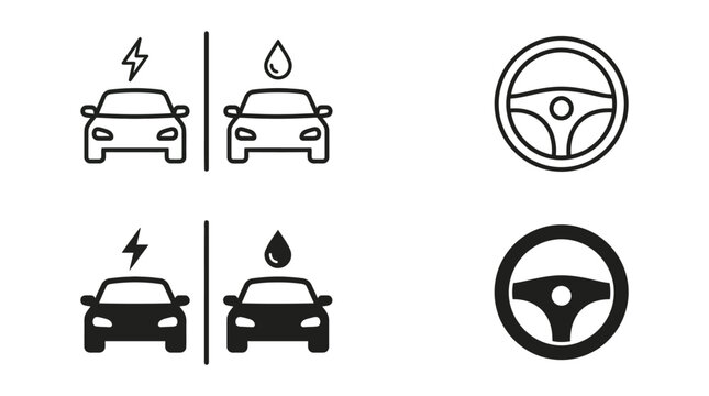 Collection of icons representing electric and fuel cars with steering wheels for automotive services