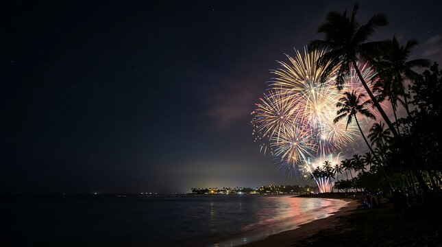 Colorful fireworks exploding over a tropical beach at night